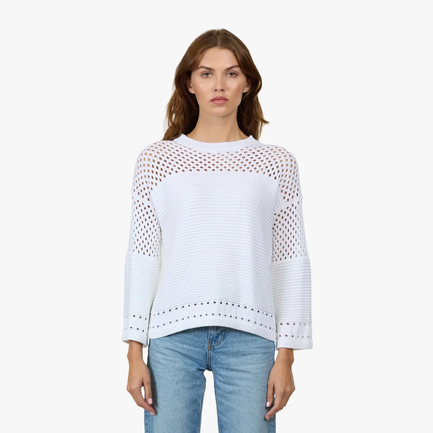 BOXY CREW NECK SWEATER WITH MESH YOKE