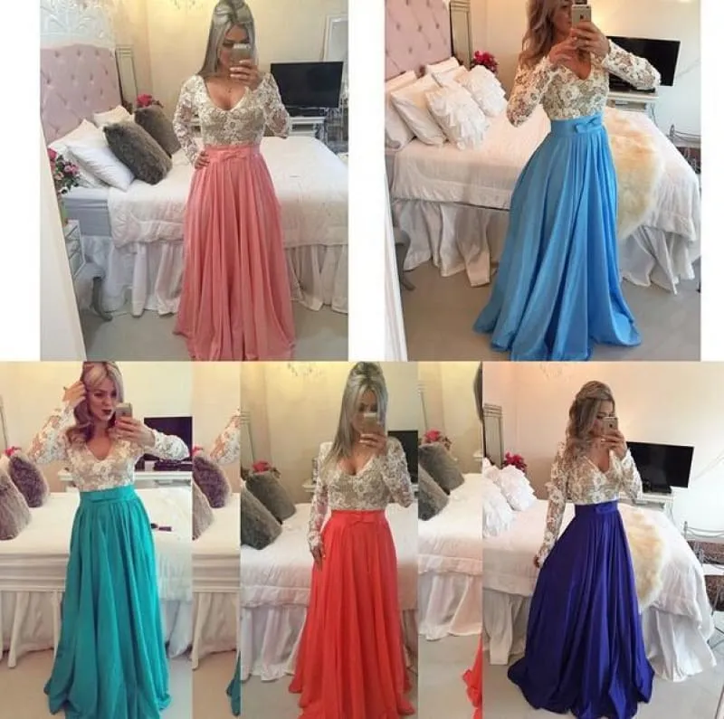 Bridelily 2019 Lace Long Sleeves Prom Dresses V Neck Sheer Open Back Beaded Evening Gowns