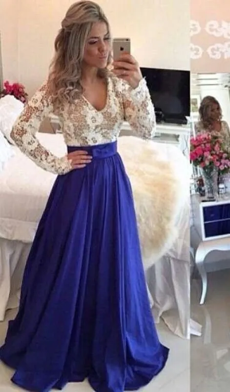 Bridelily 2019 Lace Long Sleeves Prom Dresses V Neck Sheer Open Back Beaded Evening Gowns