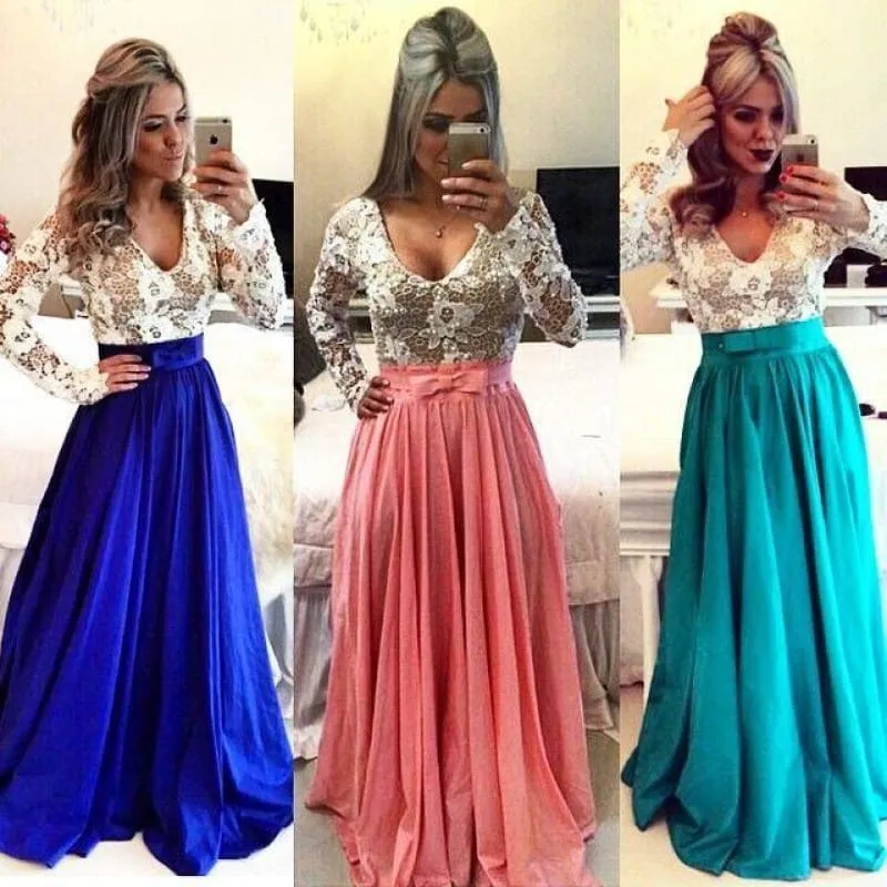 Bridelily 2019 Lace Long Sleeves Prom Dresses V Neck Sheer Open Back Beaded Evening Gowns