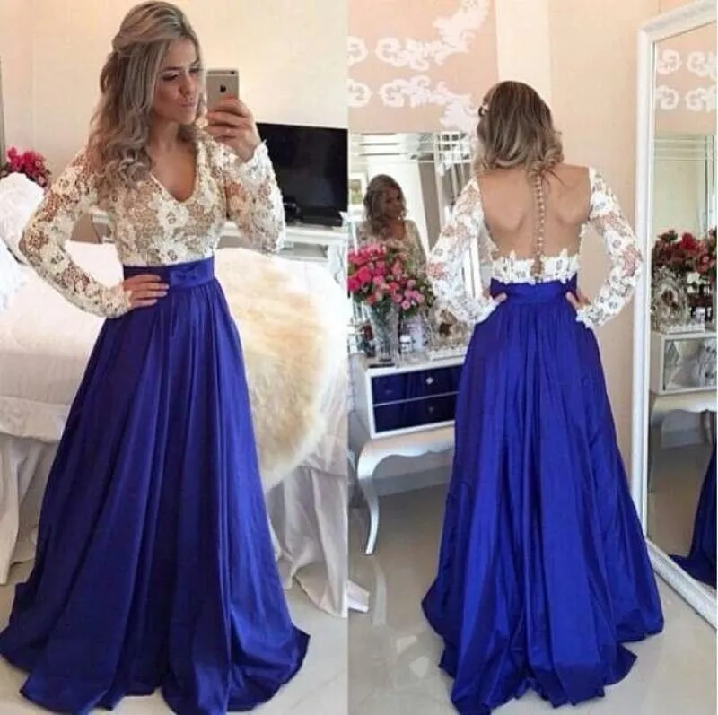 Bridelily 2019 Lace Long Sleeves Prom Dresses V Neck Sheer Open Back Beaded Evening Gowns