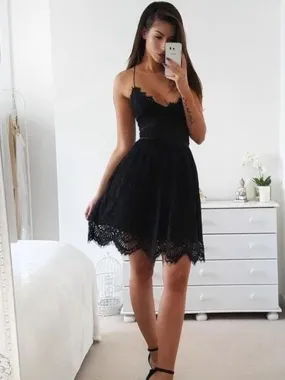 Bridelily A-Line Lace Spaghetti Straps Sleeveless Short/Mini Prom Dresses