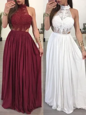 Bridelily A-Line Sleeveless Halter Floor-Length Chiffon Lace Dresses