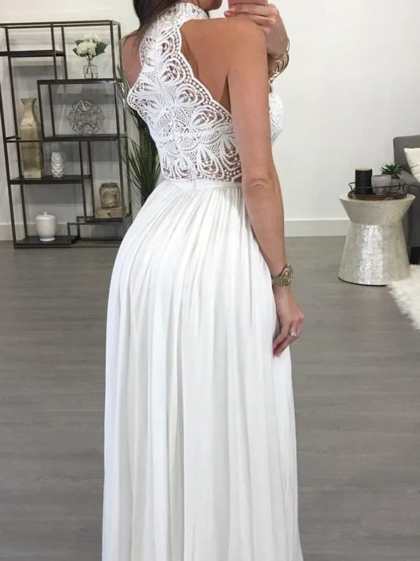 Bridelily A-Line Sleeveless Halter Floor-Length Chiffon Lace Dresses