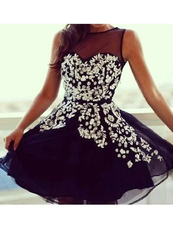 Bridelily A-Line Tulle Scoop Sleeveless Short/Mini With Applique Dresses