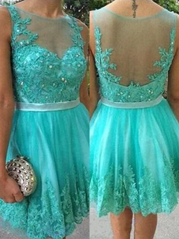 Bridelily A-Line With Applique Scoop Tulle Sleeveless Short/Mini Dresses