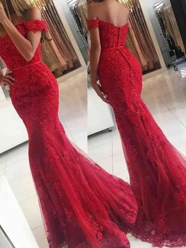 Bridelily Off-The-Shoulder Tulle Applique Sweep/Brush Train Dresses