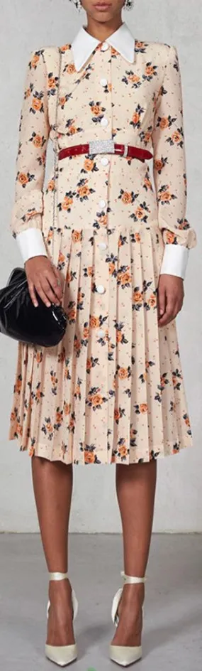 Flower Pleated Shirt Dress
