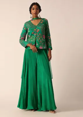 Green Embroidered Palazzo Set With Floral Motif Work