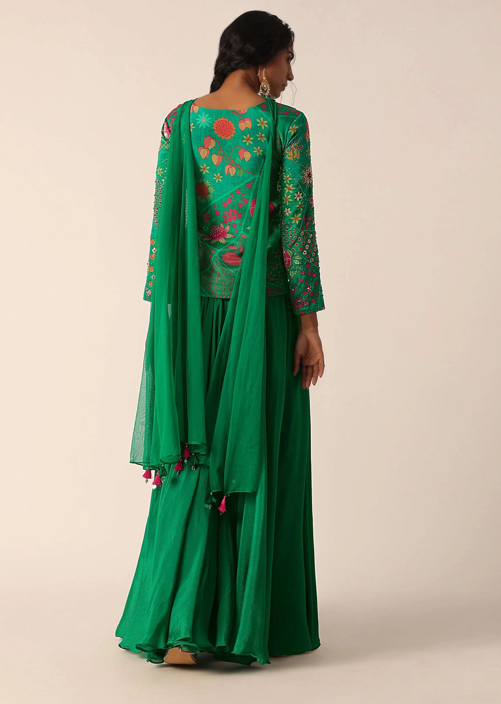 Green Embroidered Palazzo Set With Floral Motif Work