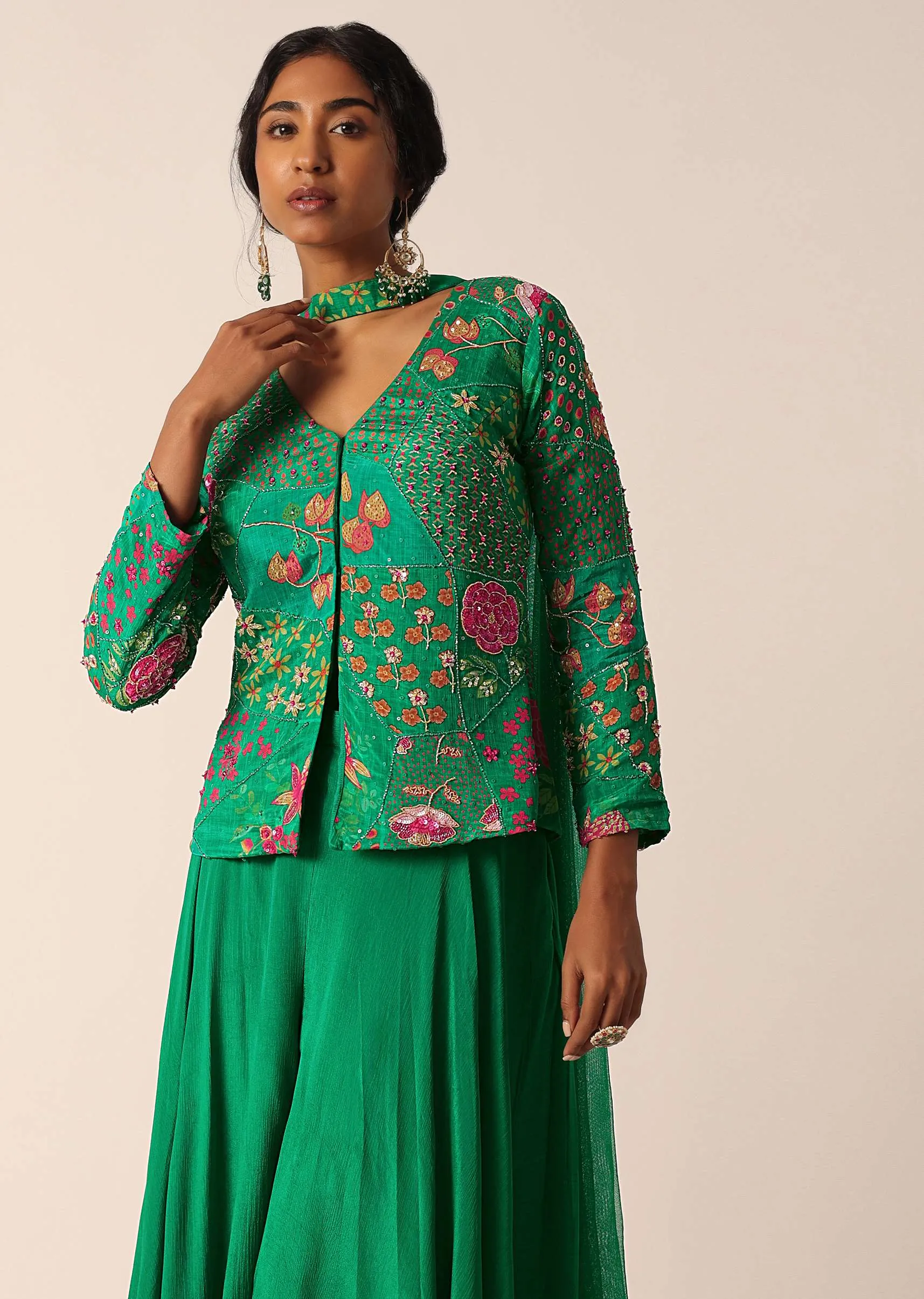 Green Embroidered Palazzo Set With Floral Motif Work