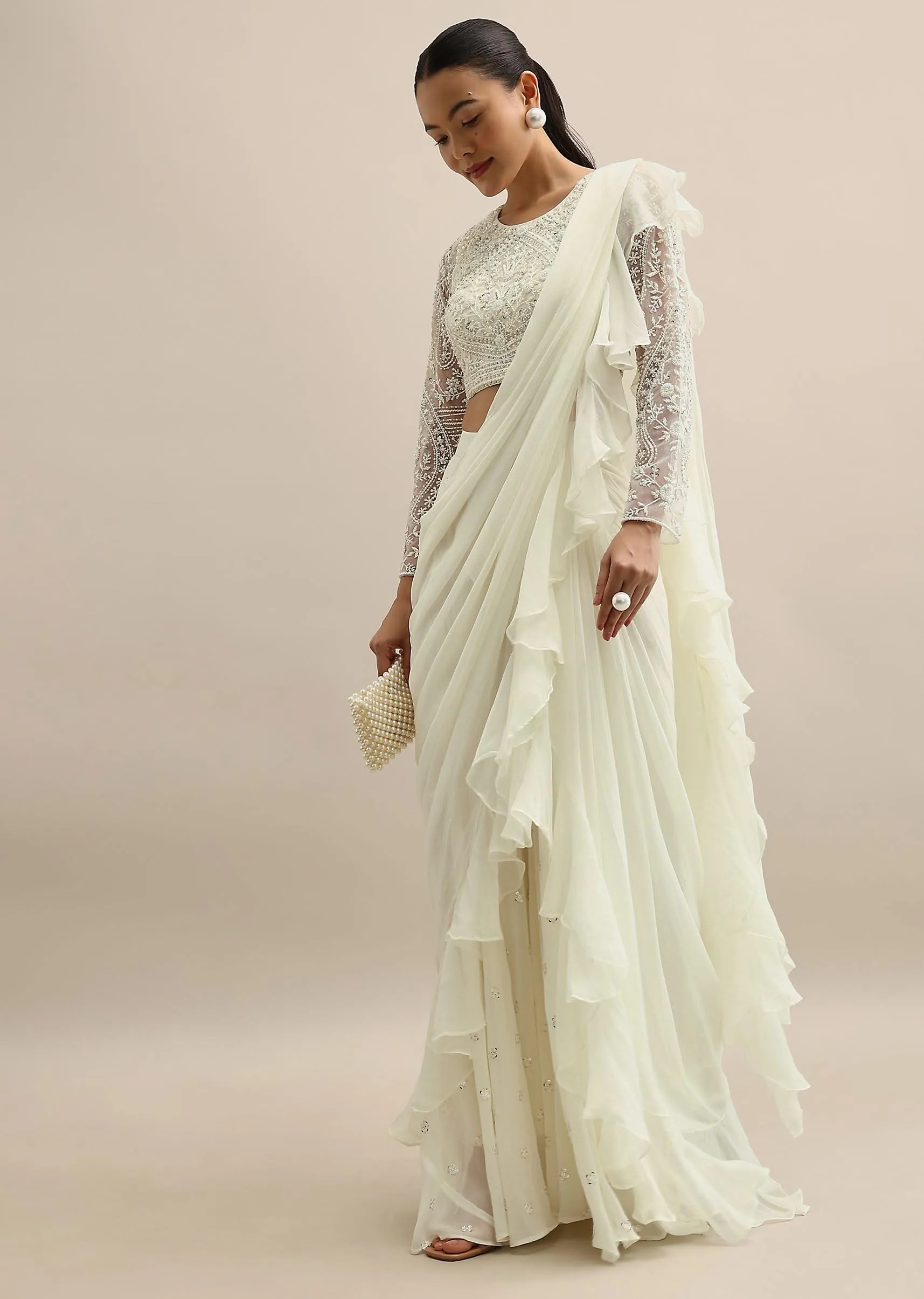 Ivory Blouse And Draped Palazzo Set