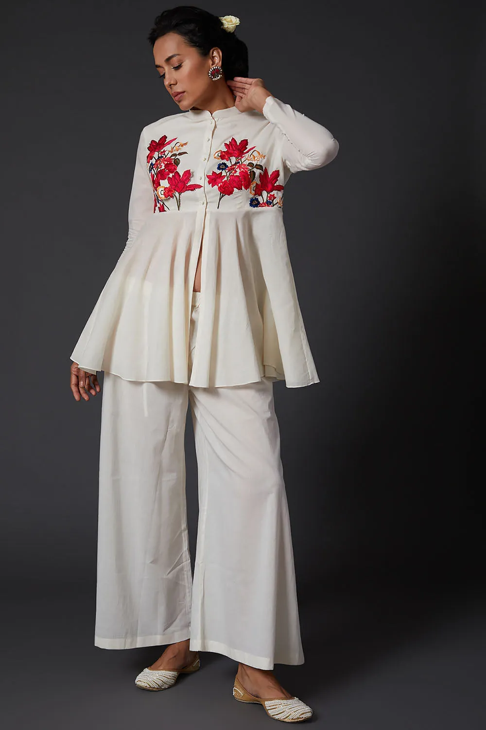 Ivory Embroidered Peplum Top With Palazzo Pants
