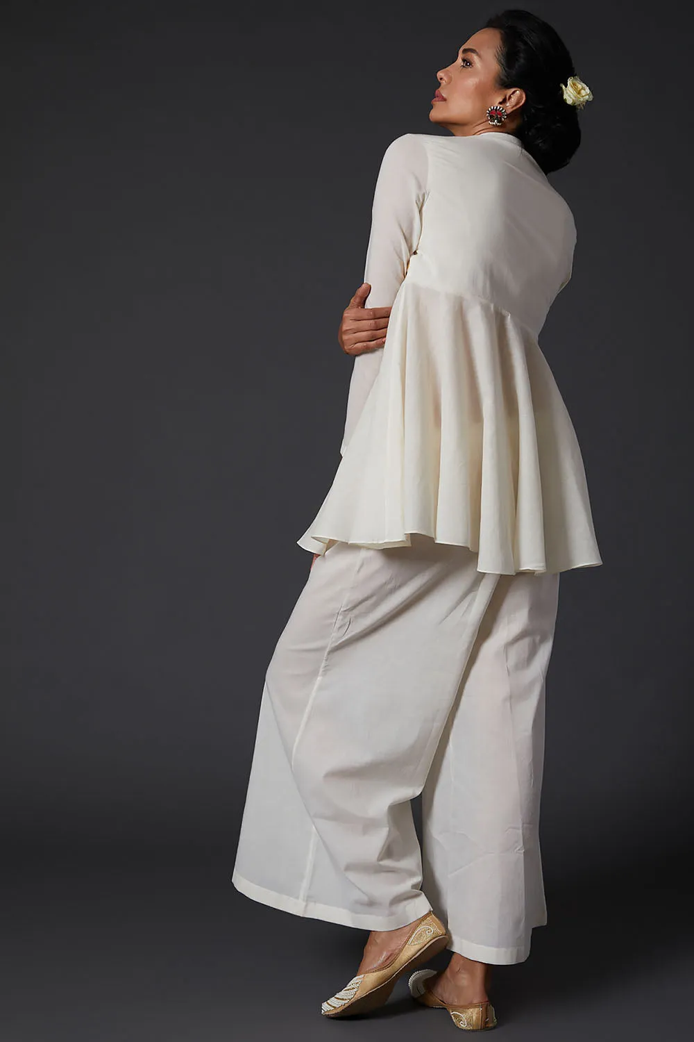 Ivory Embroidered Peplum Top With Palazzo Pants