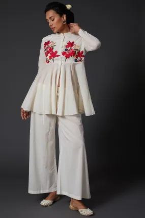 Ivory Embroidered Peplum Top With Palazzo Pants