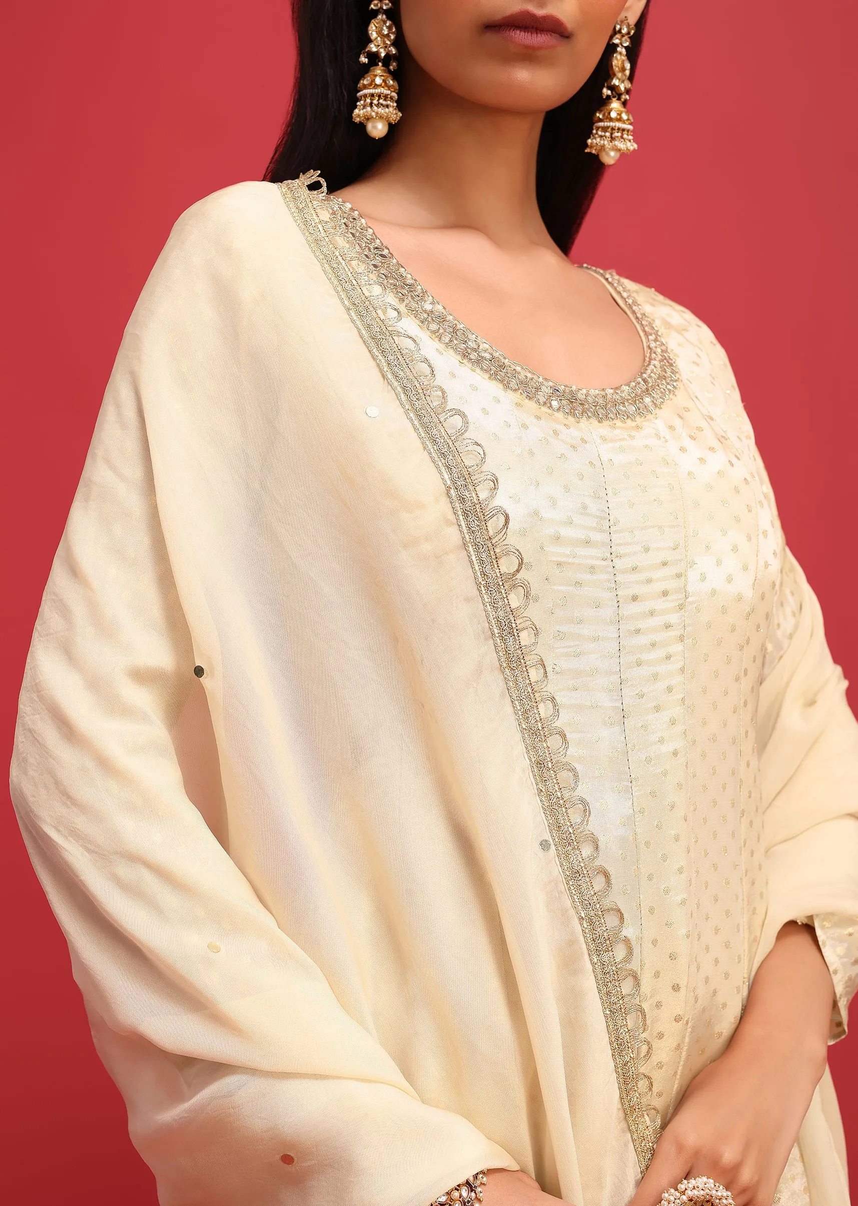 Ivory Tissue Kurta Palazzo Set With Mirror Embellishments