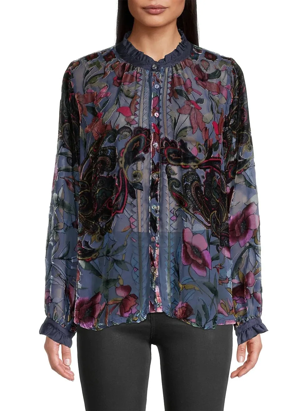 Johnny Was Clara Burnout Leda Button Top Floral Navy Blue Black Velvet Shirt NEW