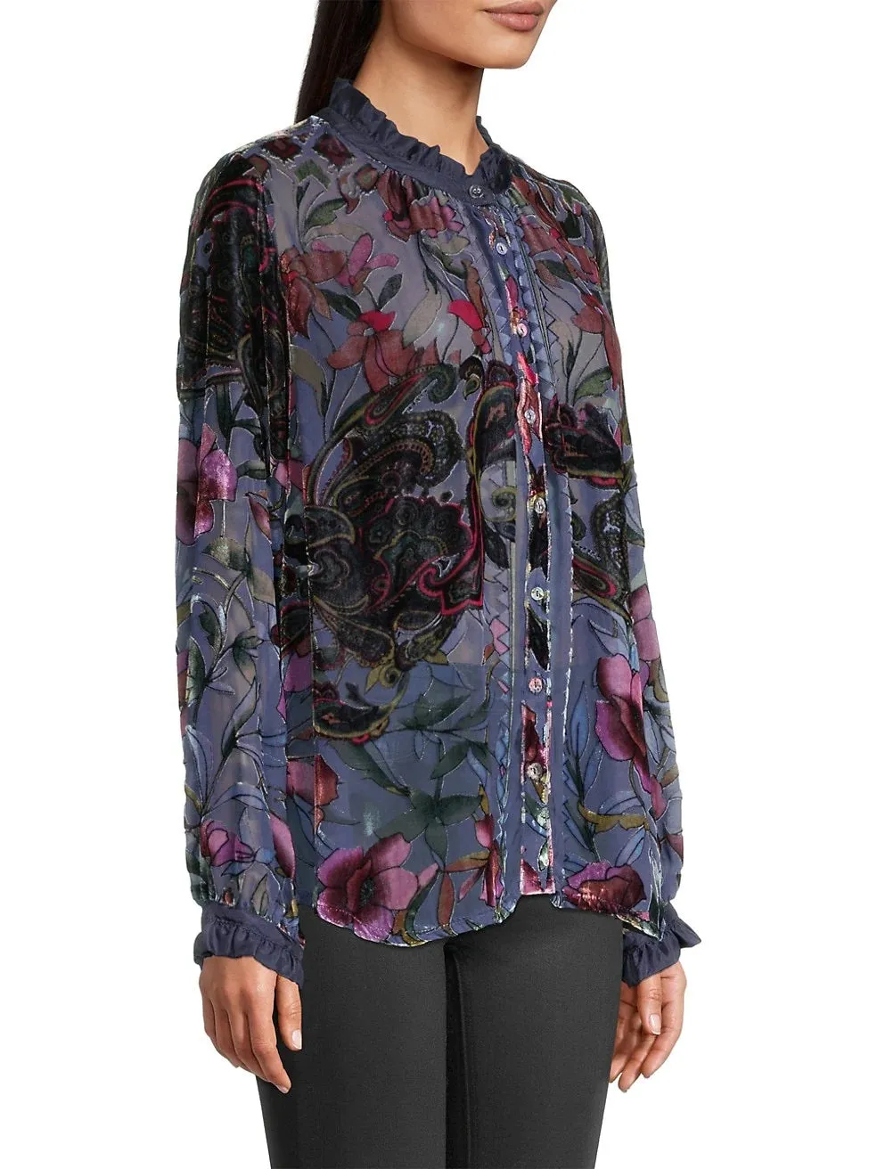 Johnny Was Clara Burnout Leda Button Top Floral Navy Blue Black Velvet Shirt NEW