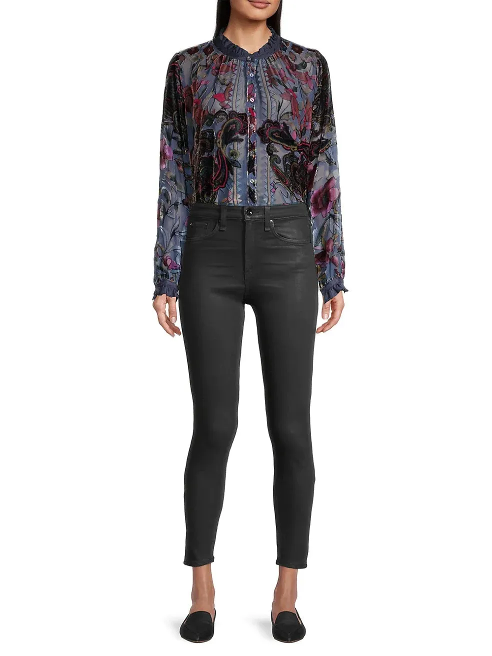 Johnny Was Clara Burnout Leda Button Top Floral Navy Blue Black Velvet Shirt NEW
