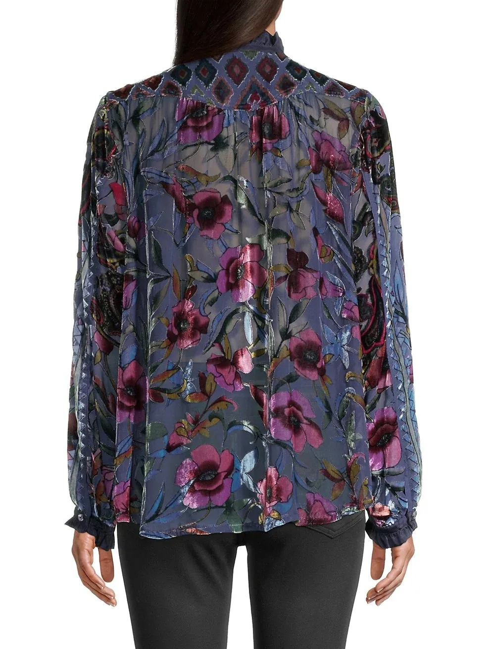 Johnny Was Clara Burnout Leda Button Top Floral Navy Blue Black Velvet Shirt NEW