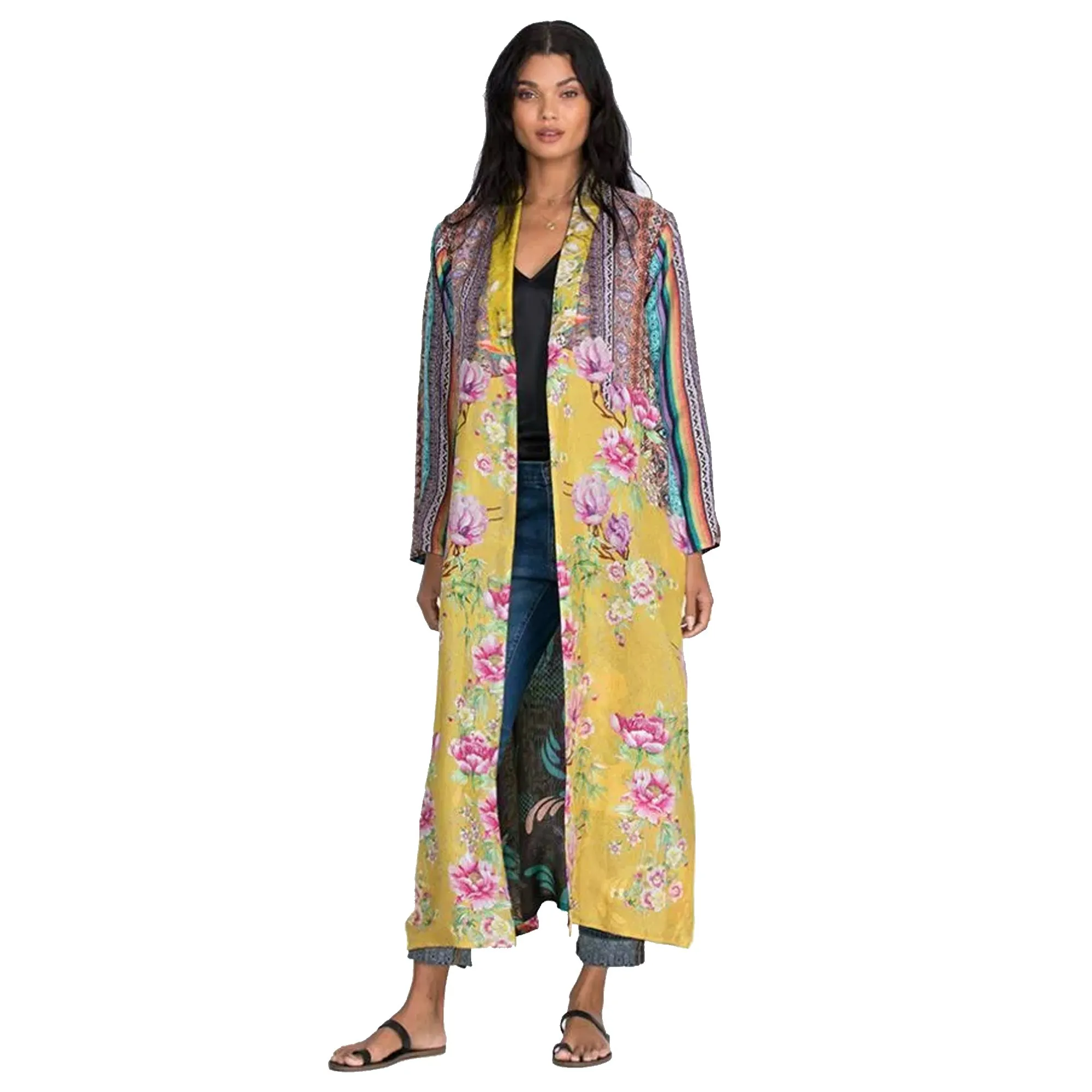 Johnny Was Heron Long Reversible Kimono Silk Bird Embroidery Black Yellow NEW
