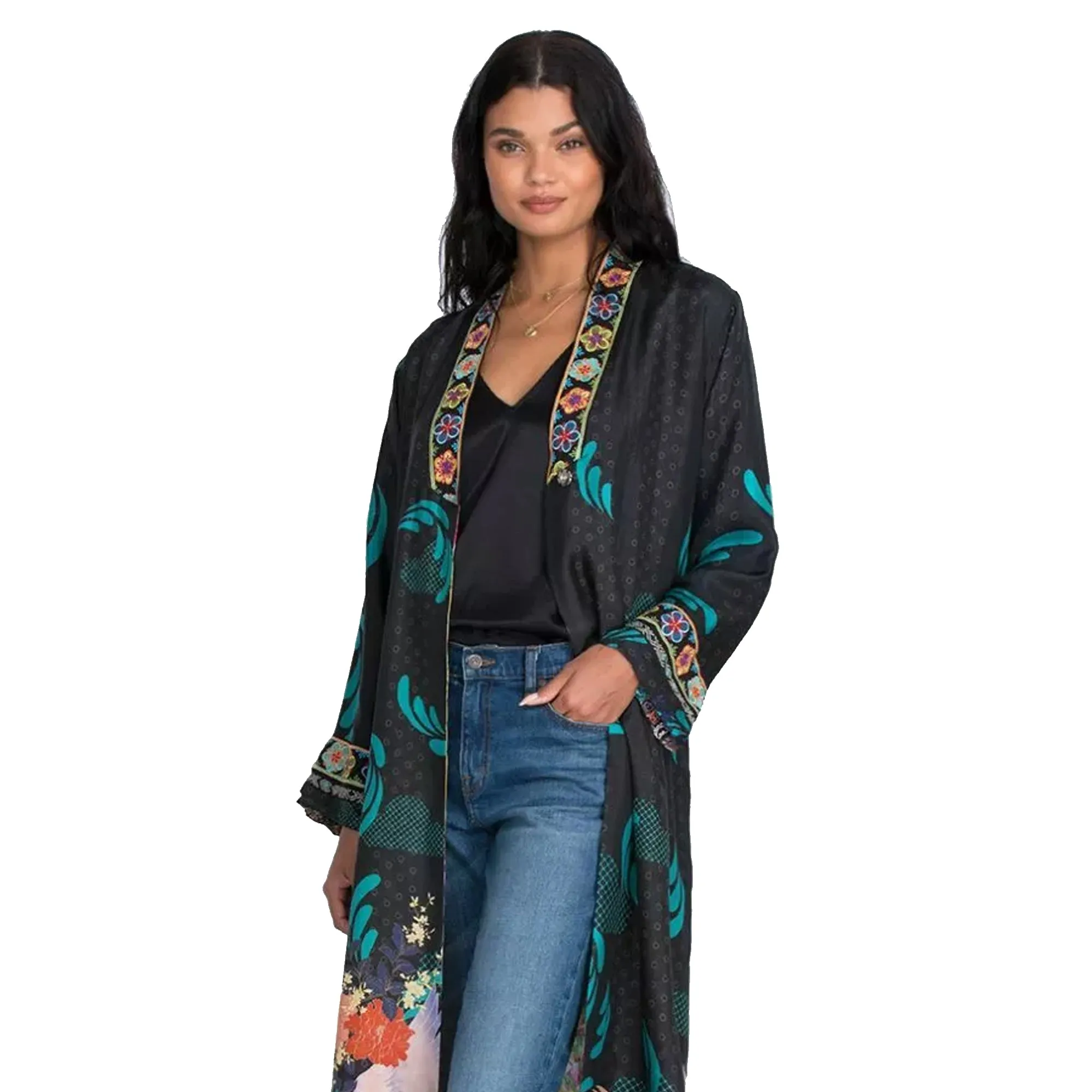 Johnny Was Heron Long Reversible Kimono Silk Bird Embroidery Black Yellow NEW