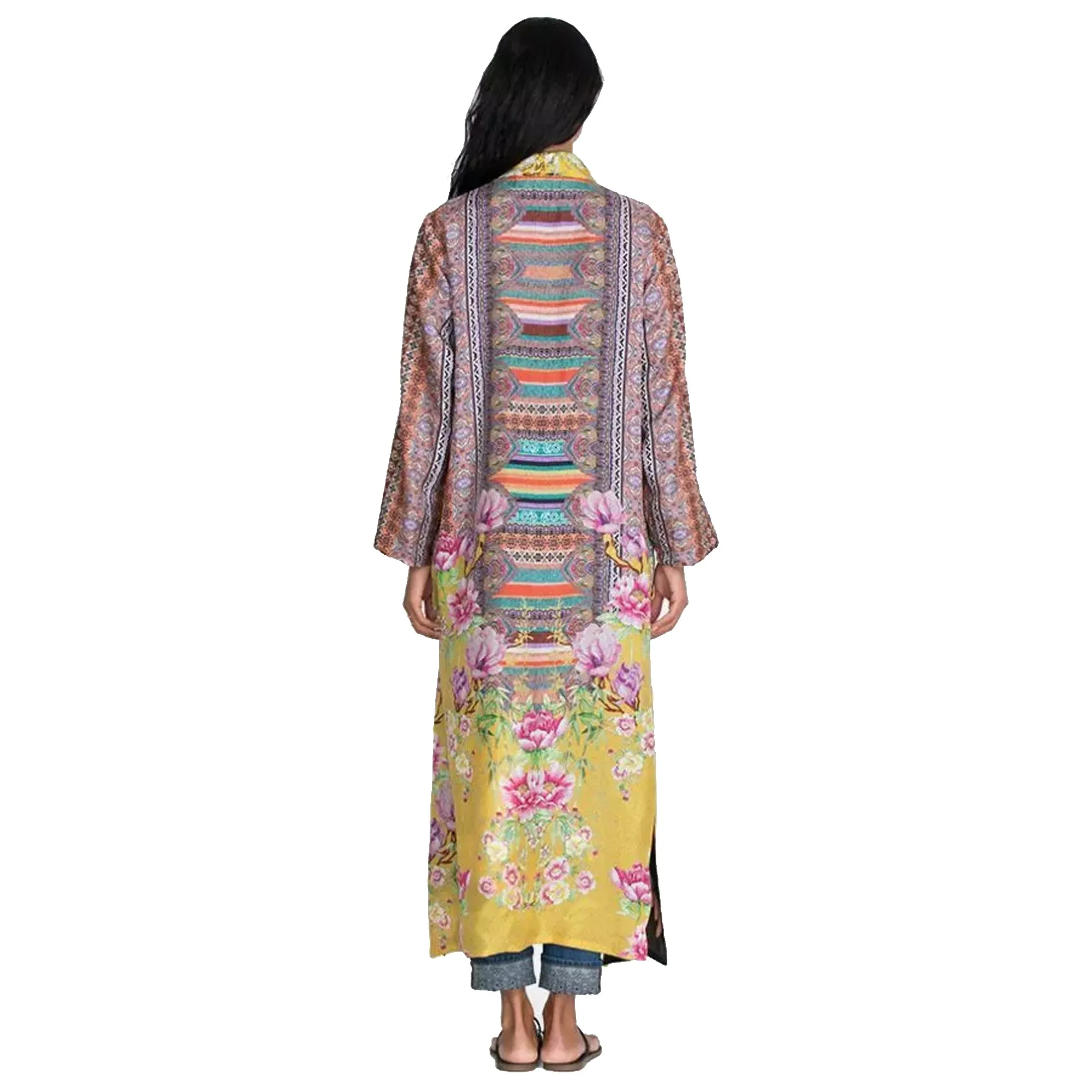 Johnny Was Heron Long Reversible Kimono Silk Bird Embroidery Black Yellow NEW