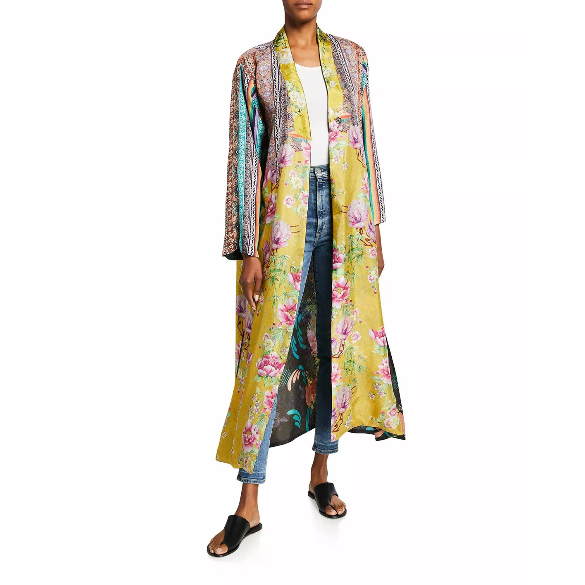 Johnny Was Heron Long Reversible Kimono Silk Bird Embroidery Black Yellow NEW