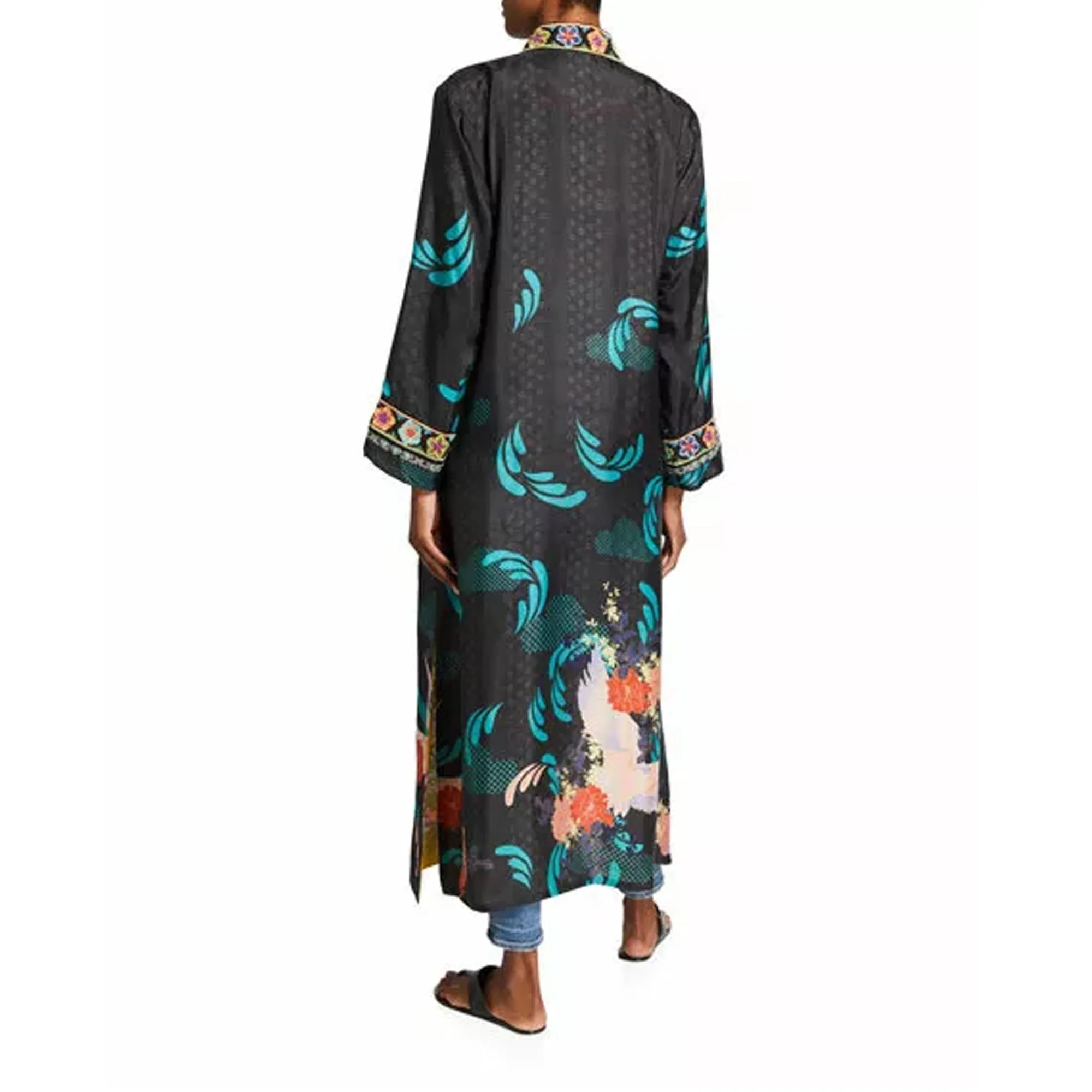 Johnny Was Heron Long Reversible Kimono Silk Bird Embroidery Black Yellow NEW