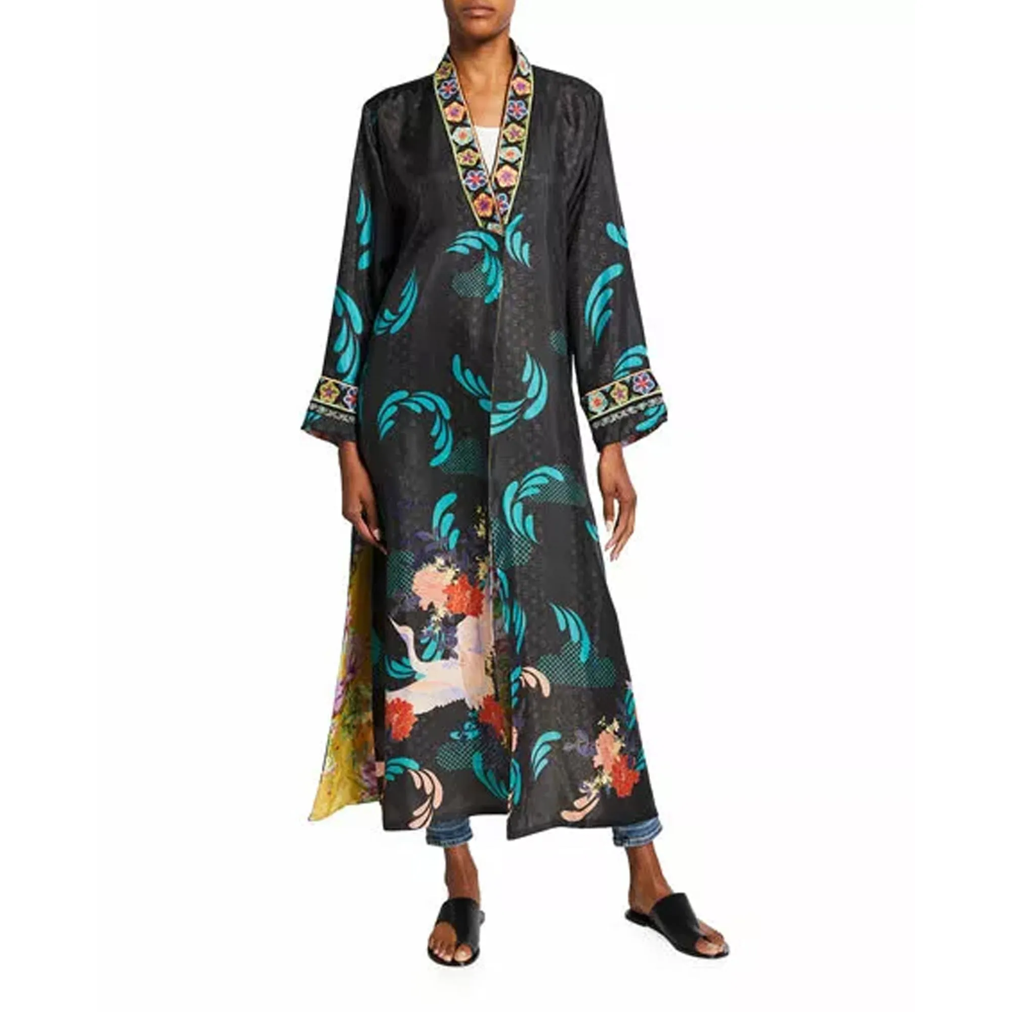 Johnny Was Heron Long Reversible Kimono Silk Bird Embroidery Black Yellow NEW