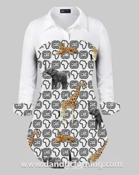 Long Office Shirt White Animal Print