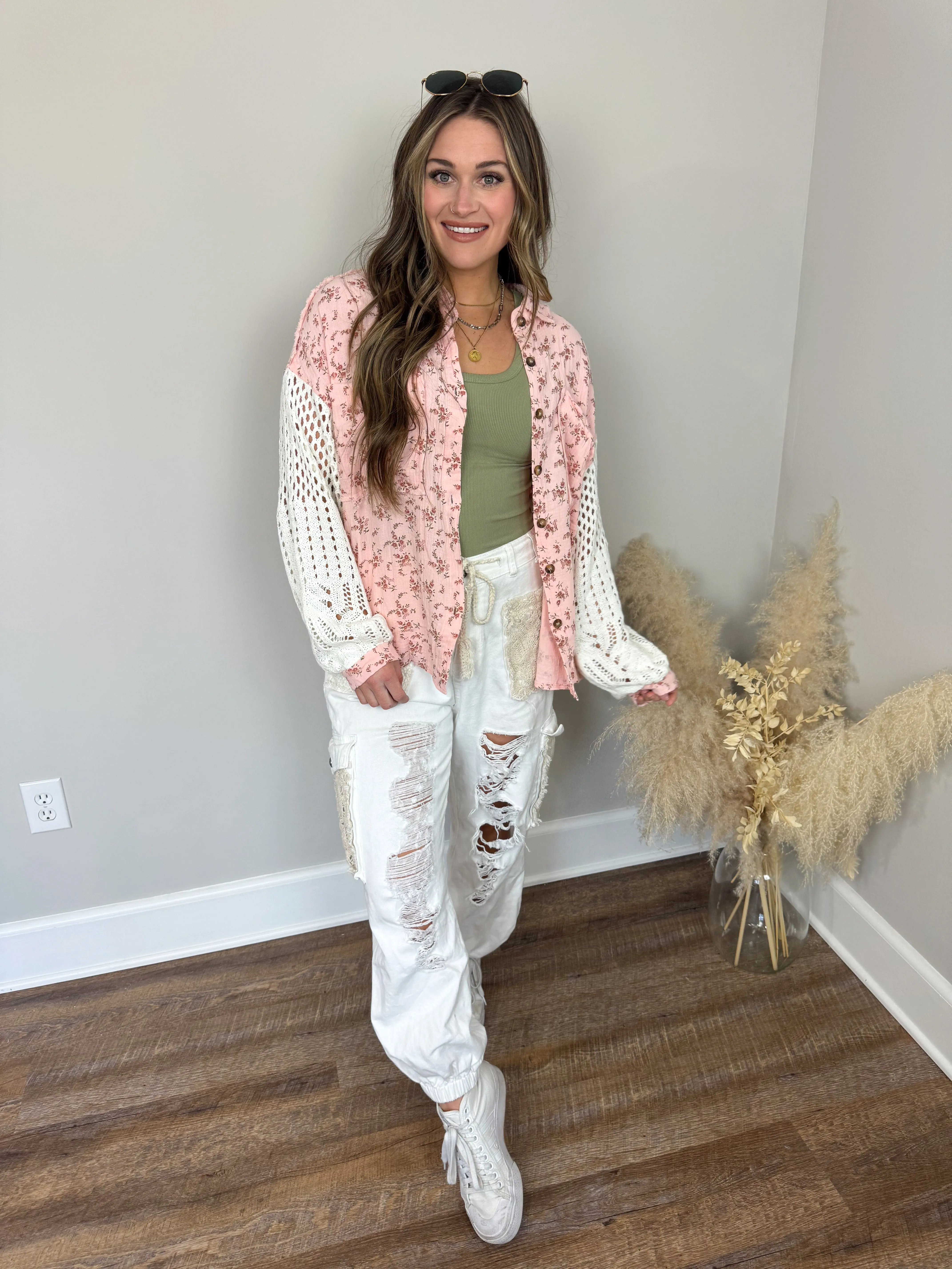 Miami Crochet Button Up Top | Pink Floral