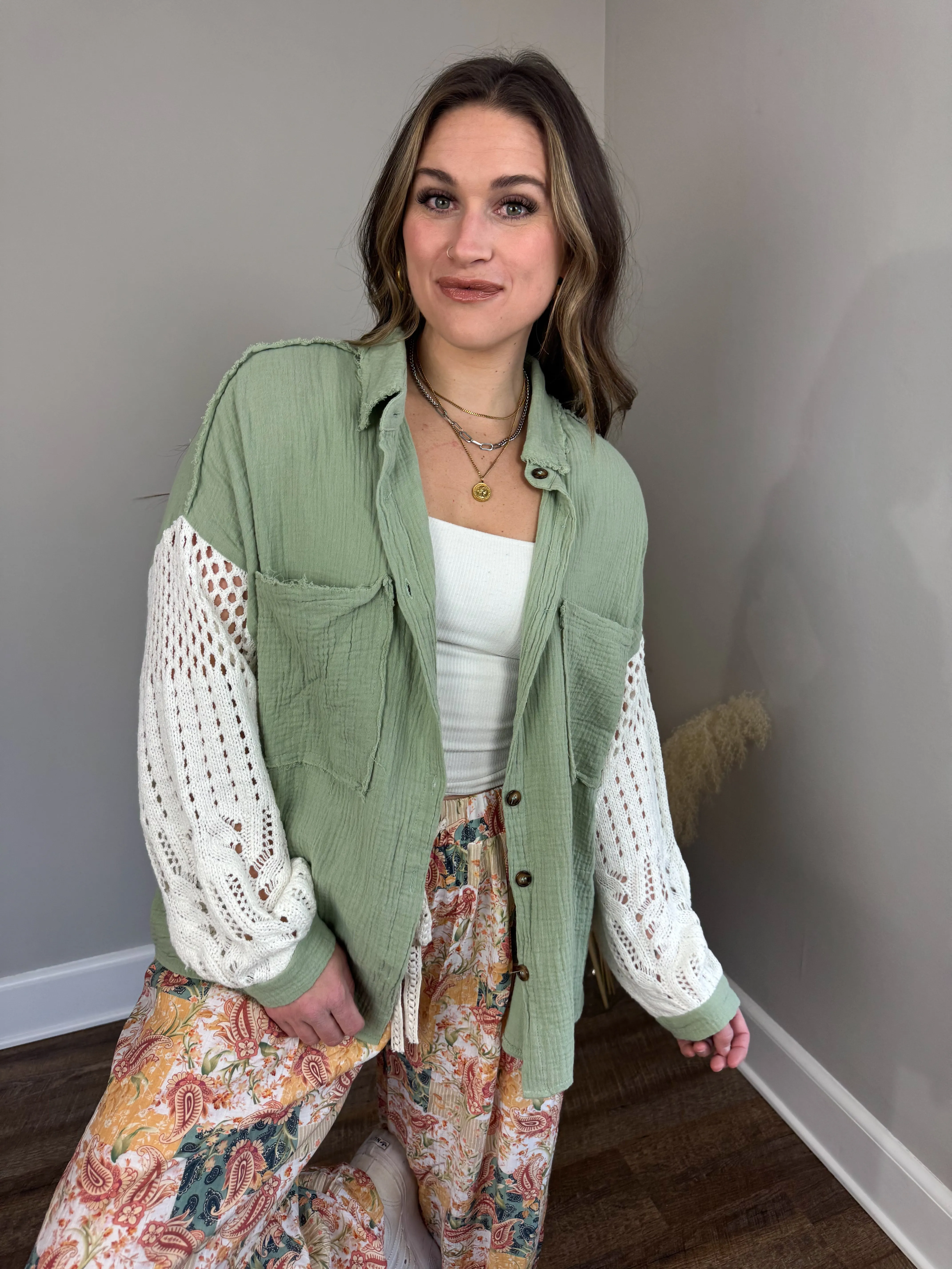 Miami Crochet Button Up Top | Sage