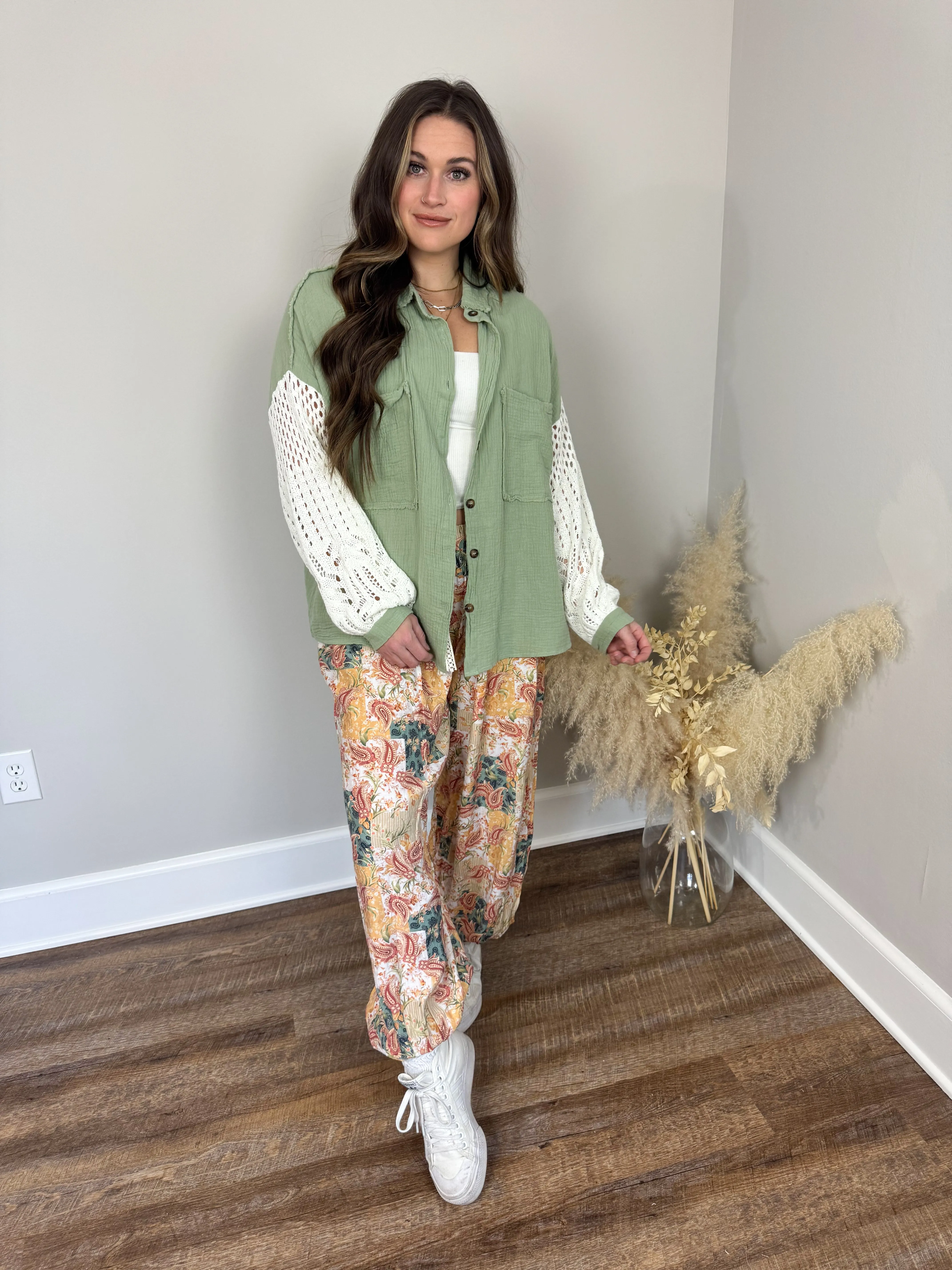 Miami Crochet Button Up Top | Sage