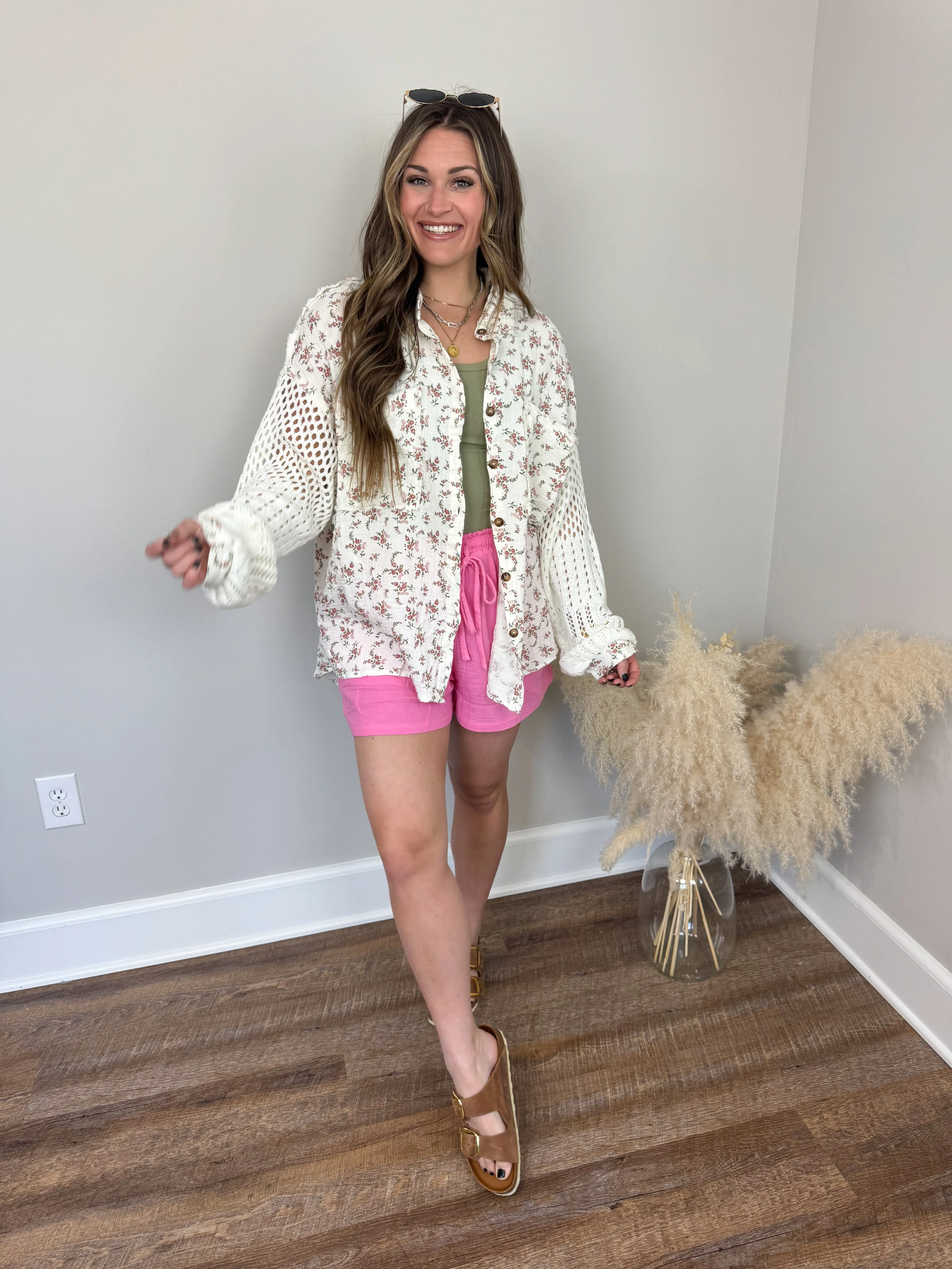 Miami Crochet Button Up Top | White Floral