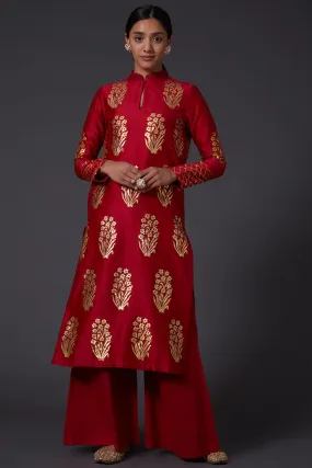 Red & Gold Block Printed Kurta With Palazzo Pants