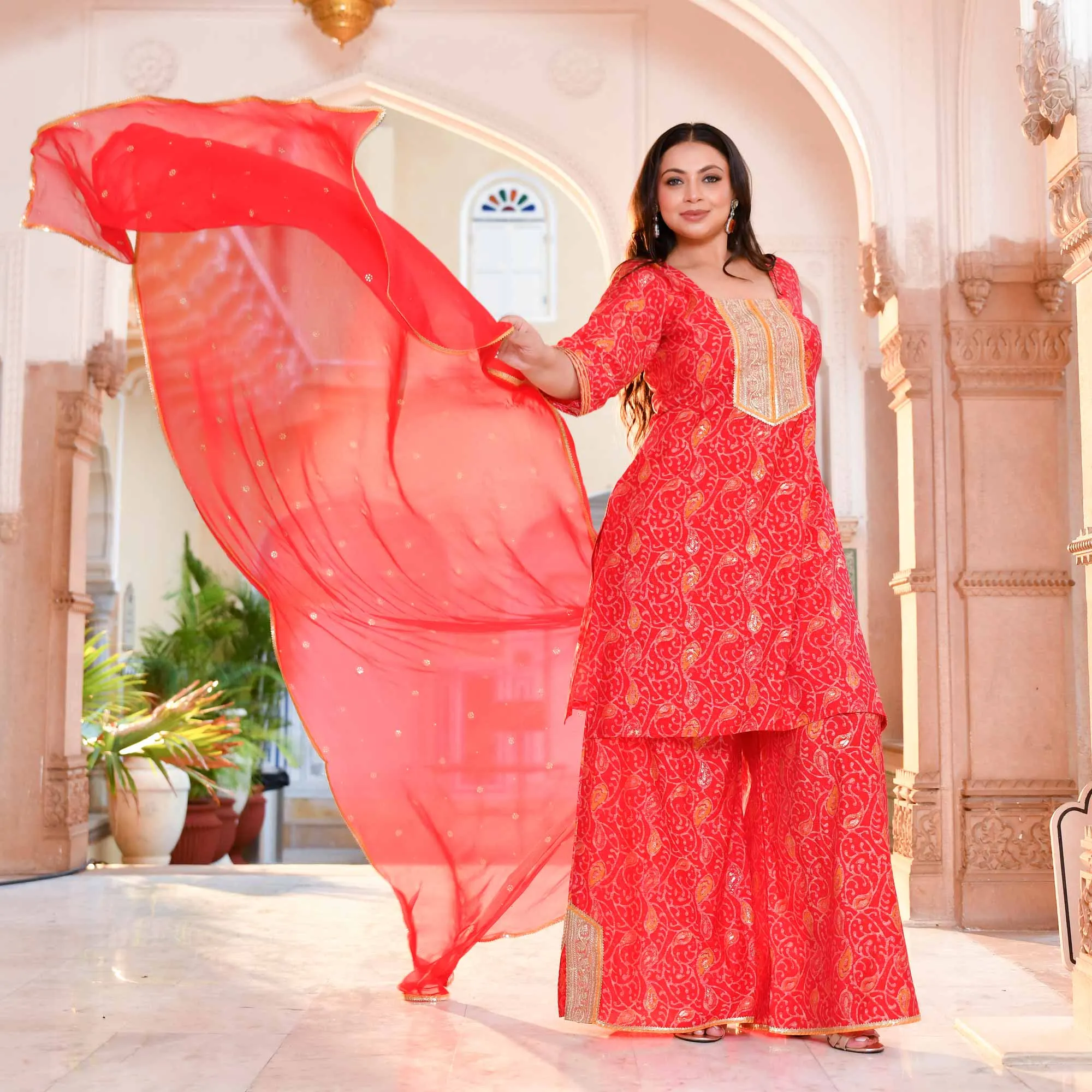 Sufiyana Red Gold Print Rayon Suit Set