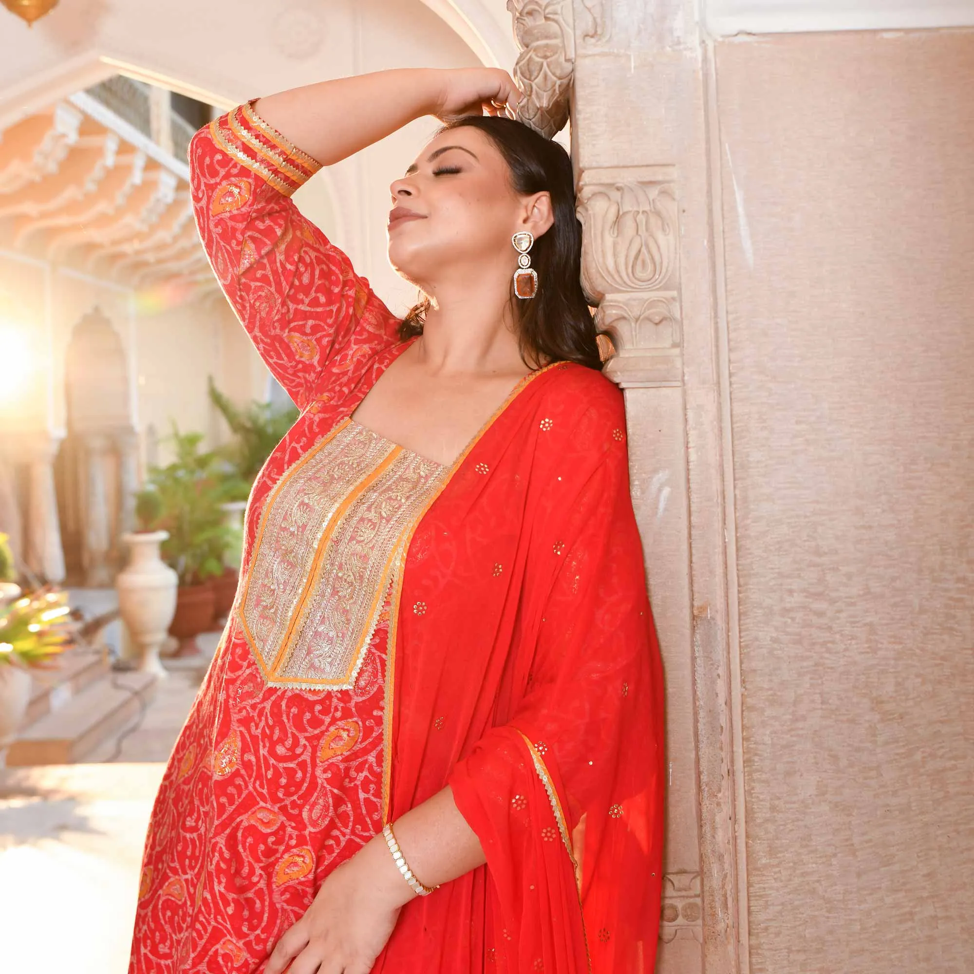 Sufiyana Red Gold Print Rayon Suit Set