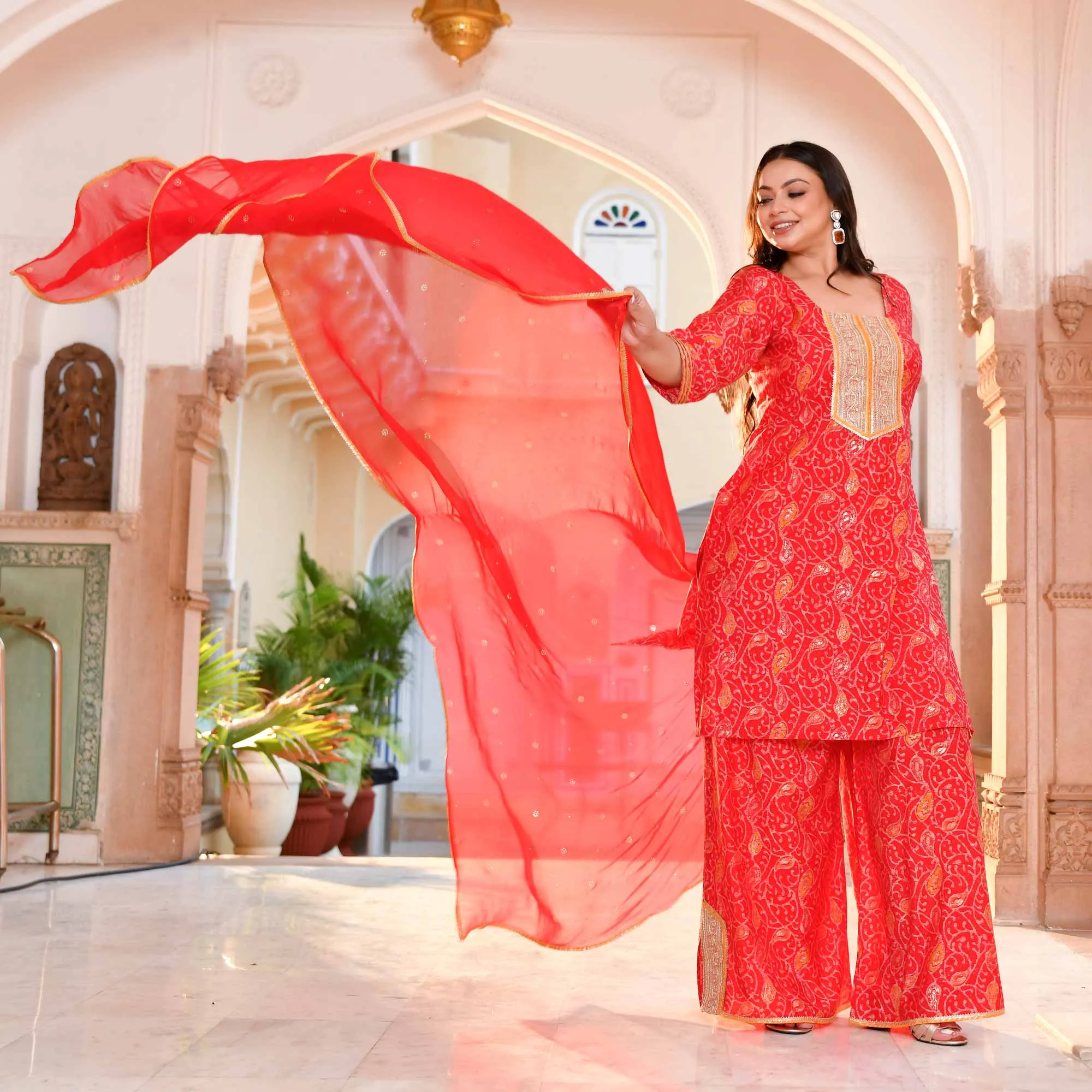 Sufiyana Red Gold Print Rayon Suit Set