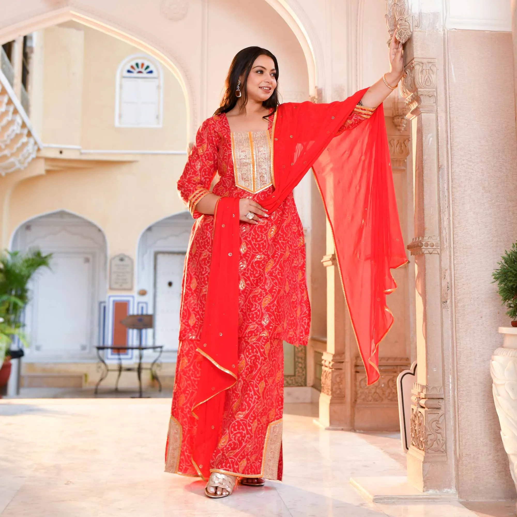 Sufiyana Red Gold Print Rayon Suit Set