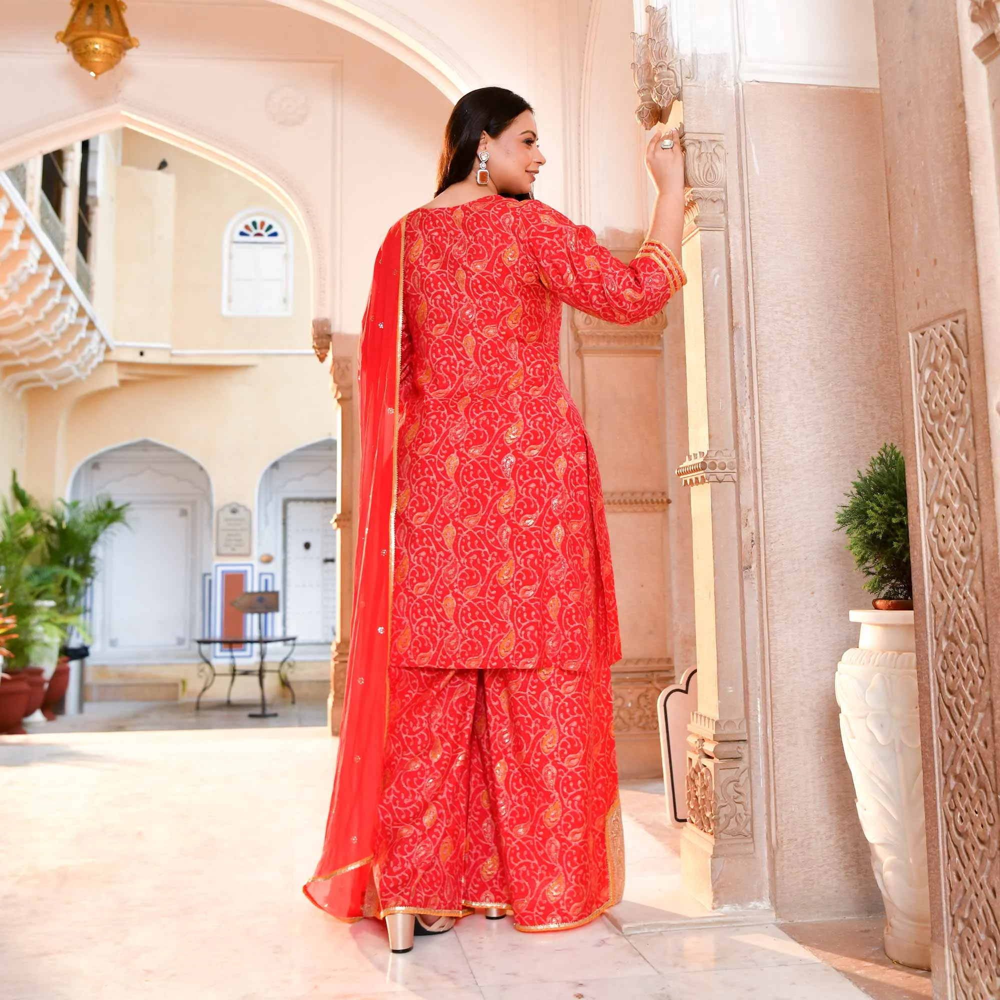 Sufiyana Red Gold Print Rayon Suit Set
