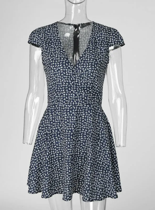 TastyHottie - Women Black Floral Print Short Sleeve Wrap Dress