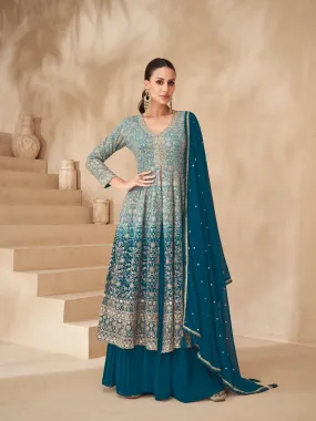 Teal Blue Real Georgette Palazzo Suit