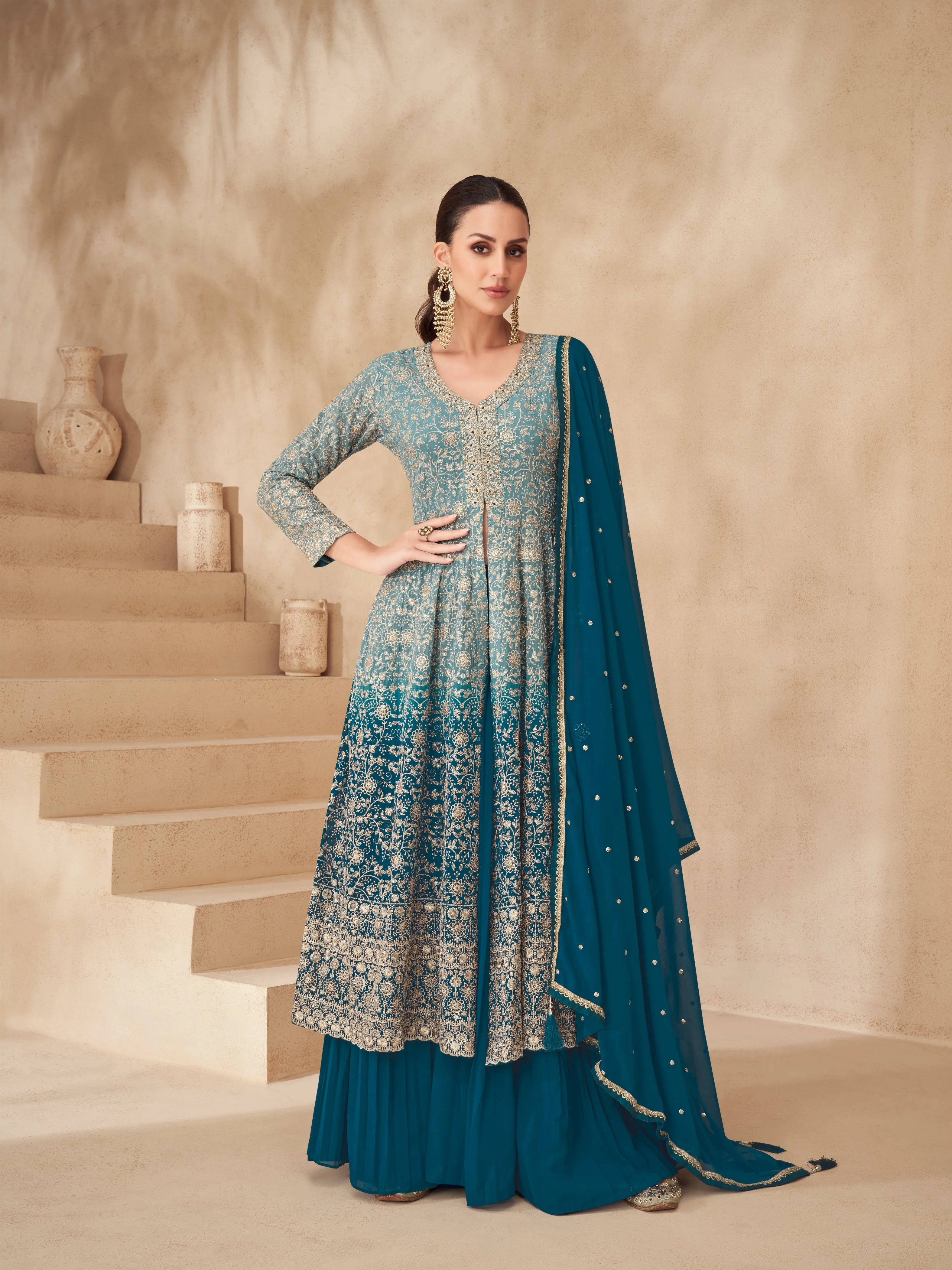 Teal Blue Real Georgette Palazzo Suit