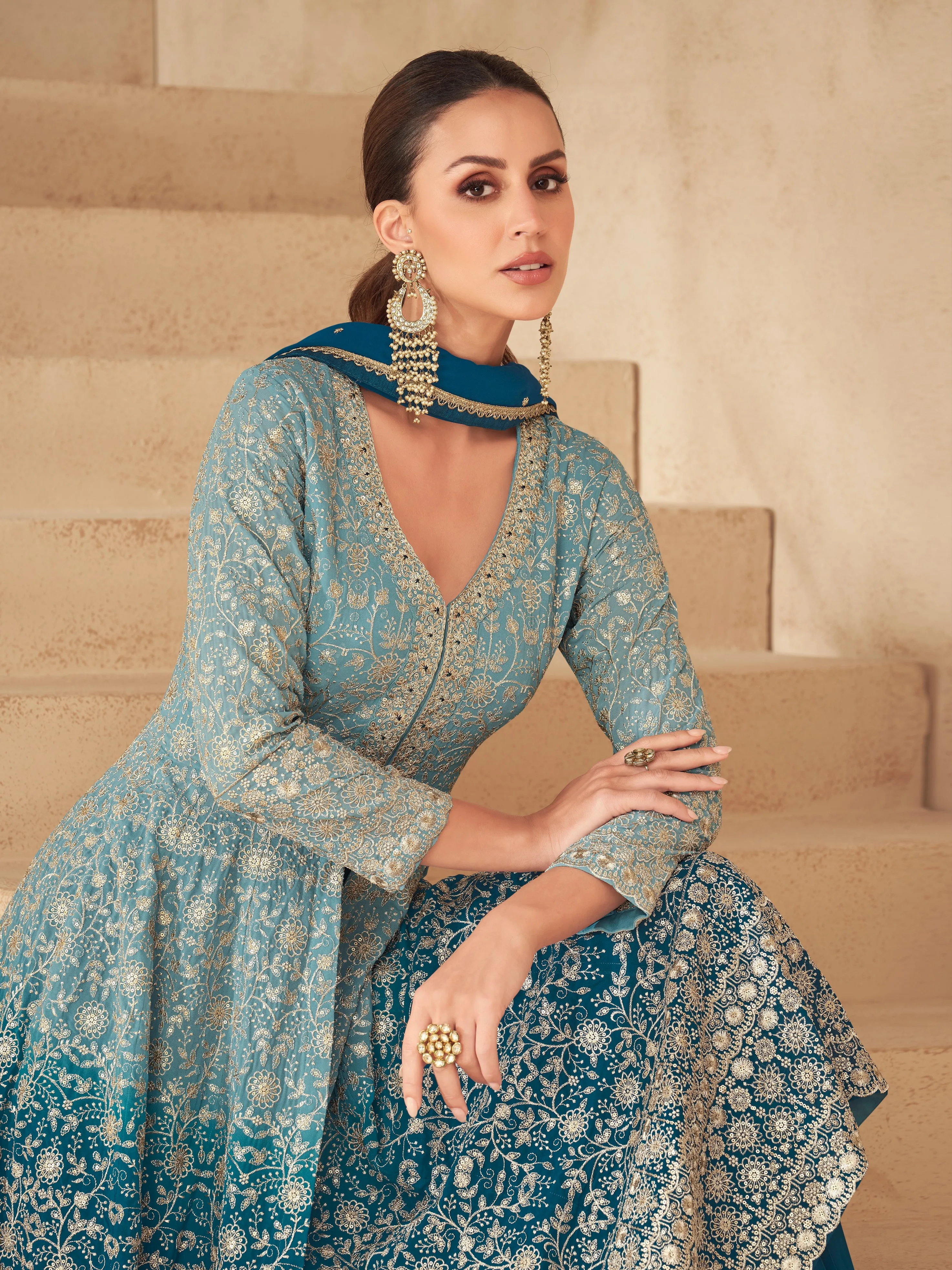 Teal Blue Real Georgette Palazzo Suit