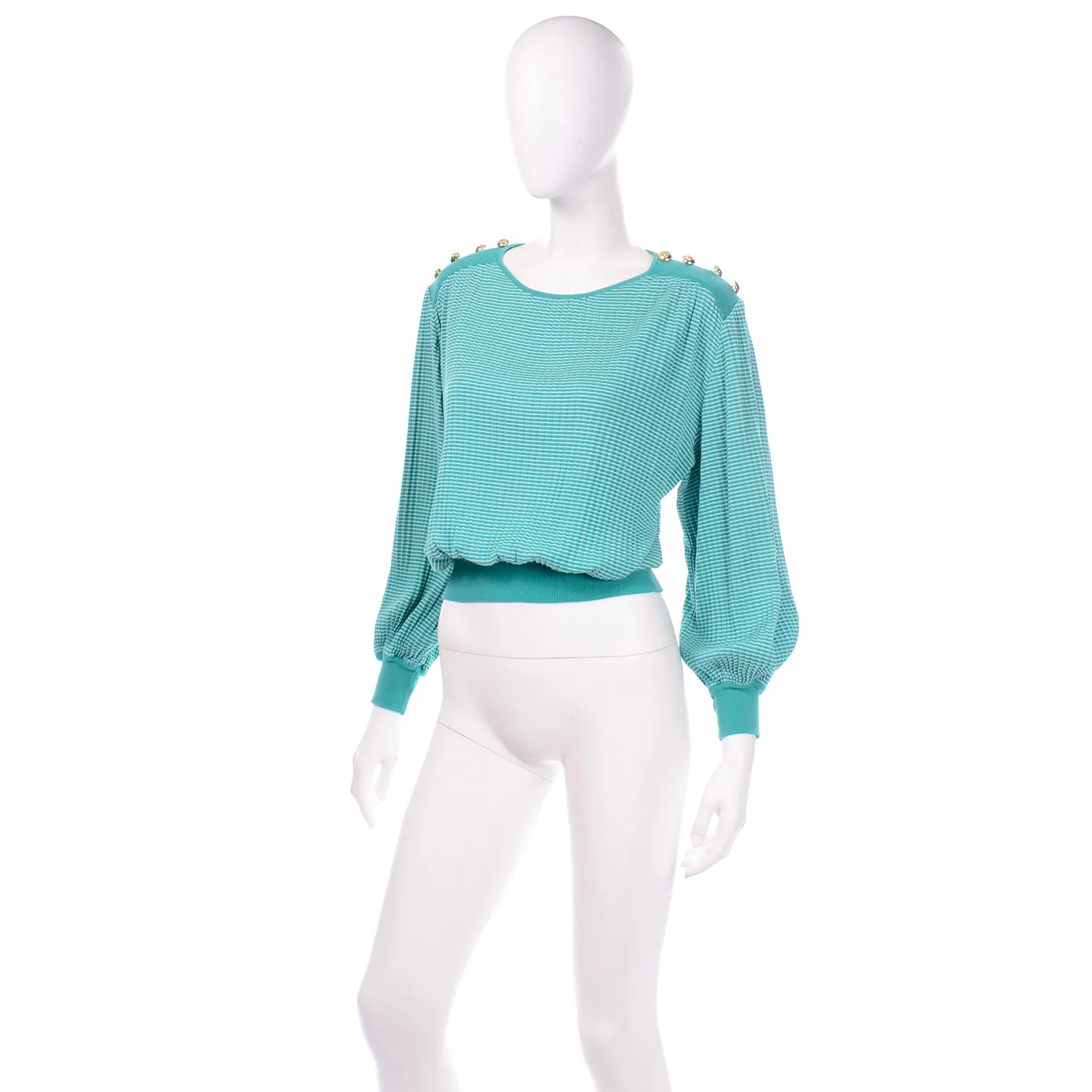 Vintage Valentino Green Tonal Striped Long Sleeve Top