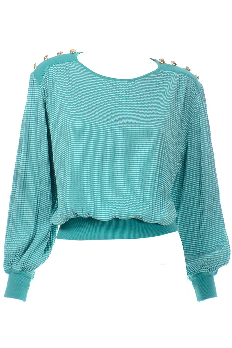 Vintage Valentino Green Tonal Striped Long Sleeve Top