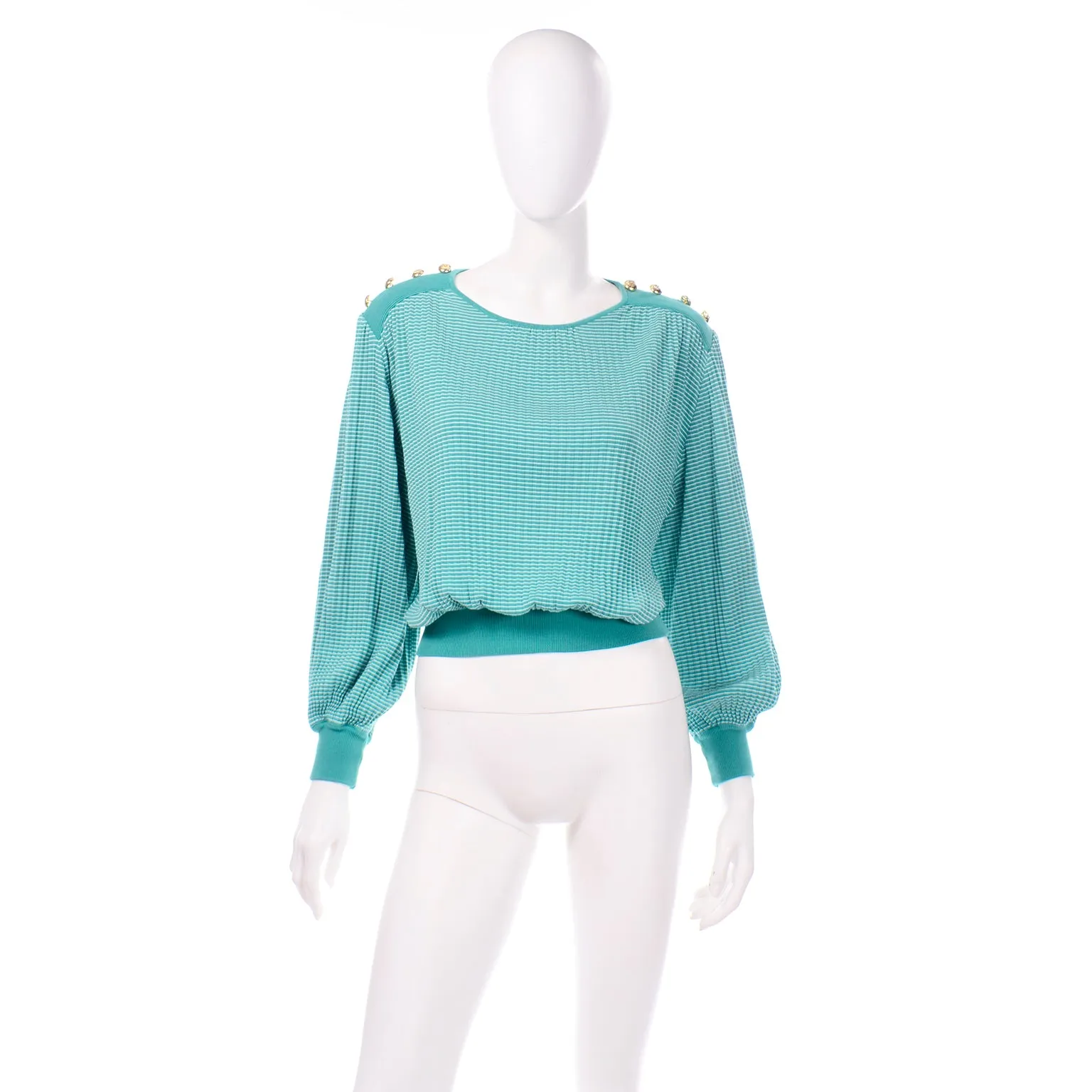 Vintage Valentino Green Tonal Striped Long Sleeve Top