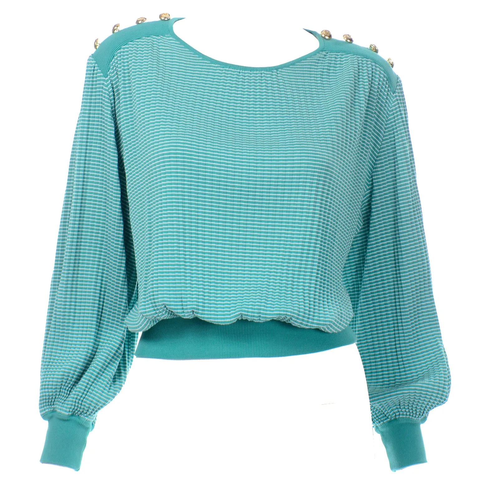 Vintage Valentino Green Tonal Striped Long Sleeve Top