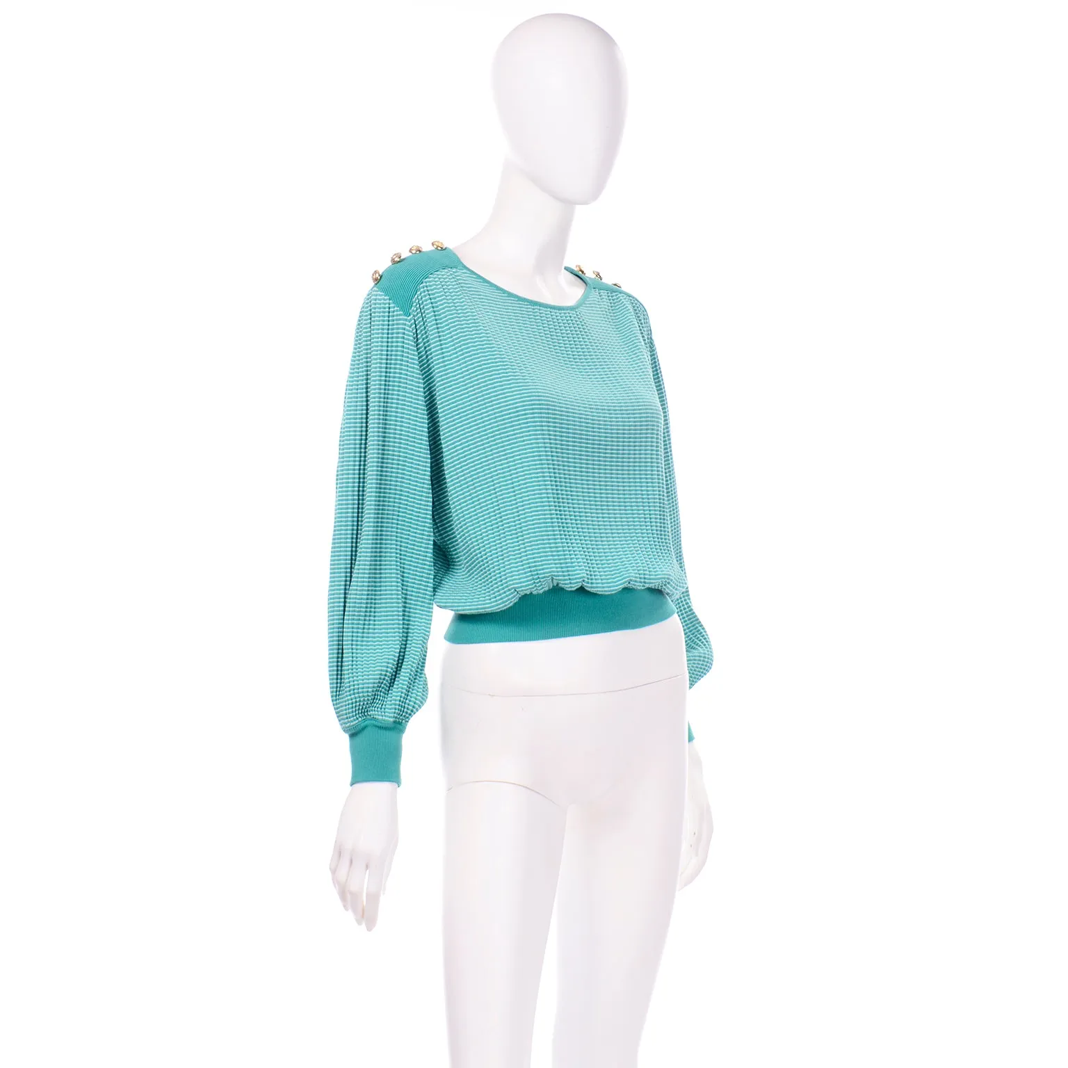 Vintage Valentino Green Tonal Striped Long Sleeve Top